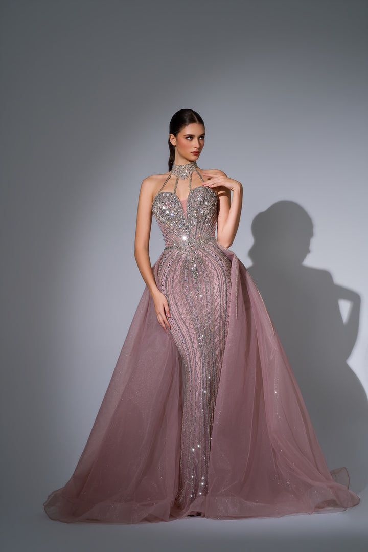 Delilah LD12027 Crystal Choker Halter Plunging Mermaid Gown with Tulle Overskirt - Pink front view