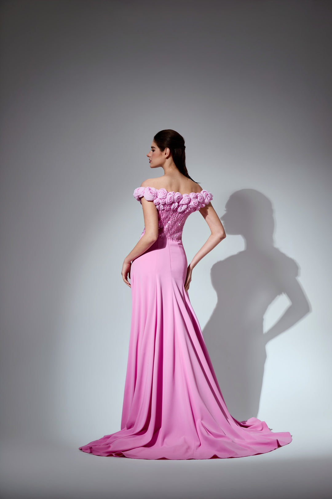 Delilah LD41020 Off-the-Shoulder Ruffle Beaded Corset Mermaid Gown with Slit - Pink back view