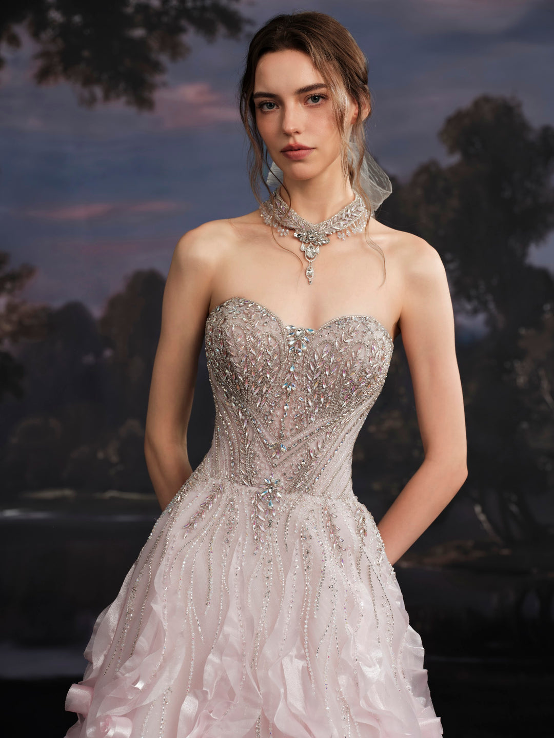 Delilah SH12068 Maxi Strapless Crystal Corset Ball Gown with 3D Rosette Skirt - Pink close-up view