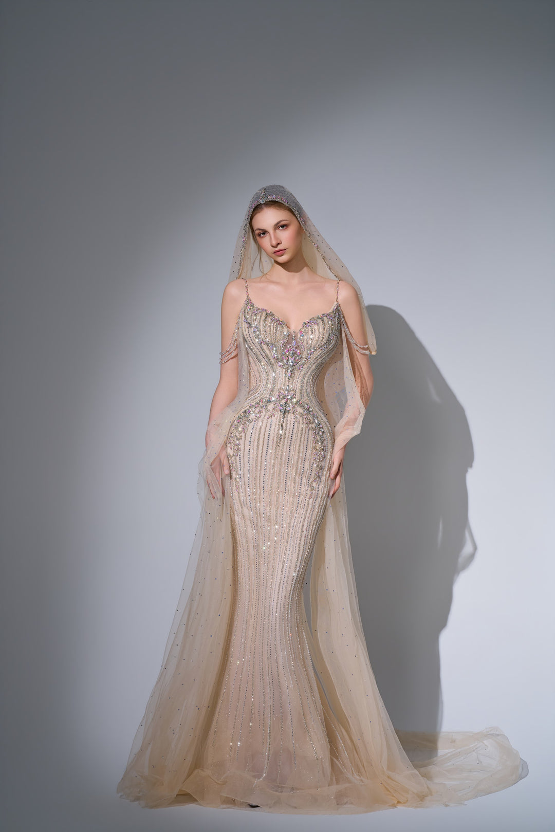 Delilah SH12078 Spaghetti Strap Crystal Beaded Mermaid Gown with Sheer Tulle Cape - Champagne front view