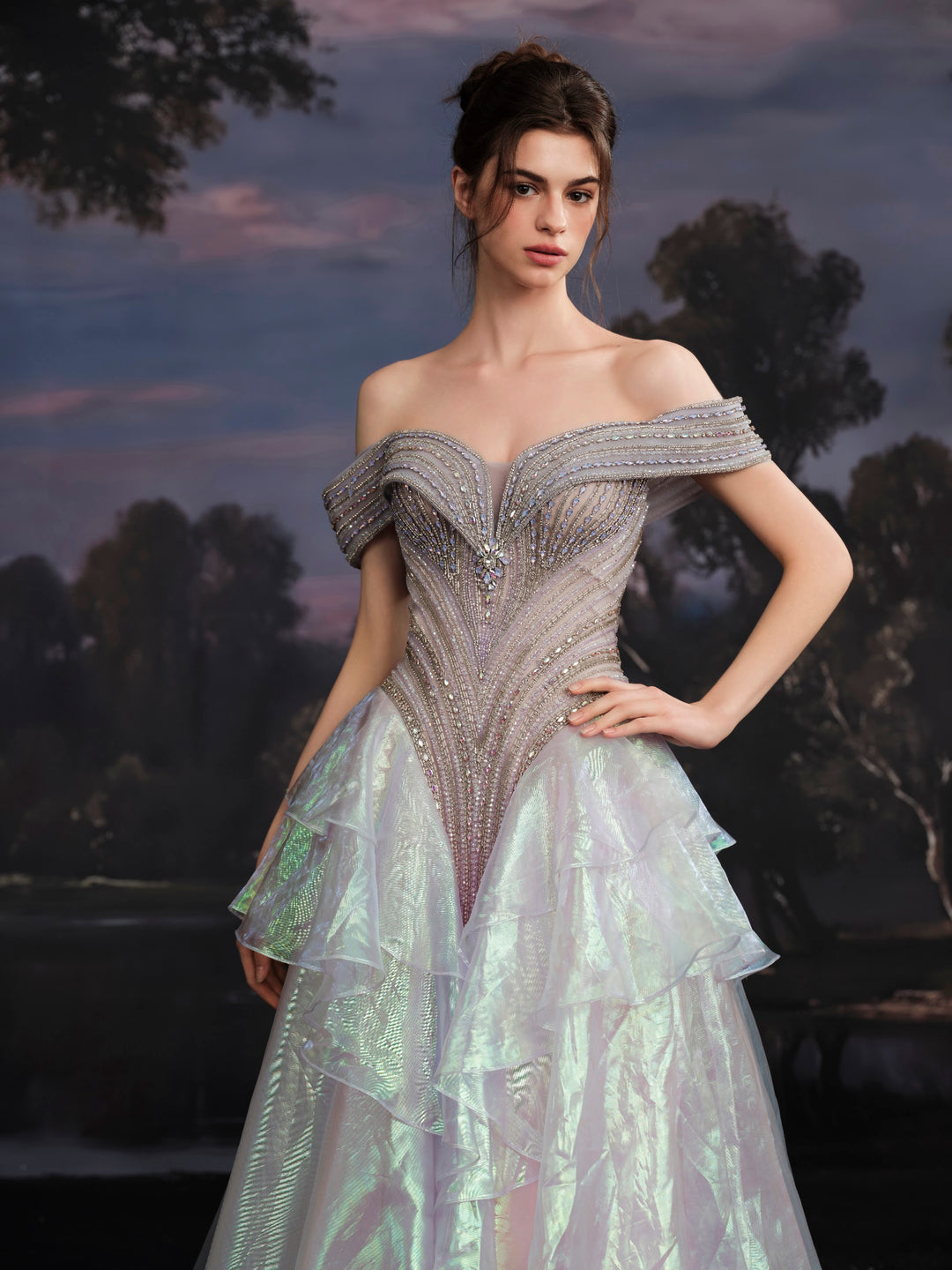 Delilah SH11630 Off-the-Shoulder Crystal Corset Gown with Iridescent Ruffle Skirt - Purple close-up view