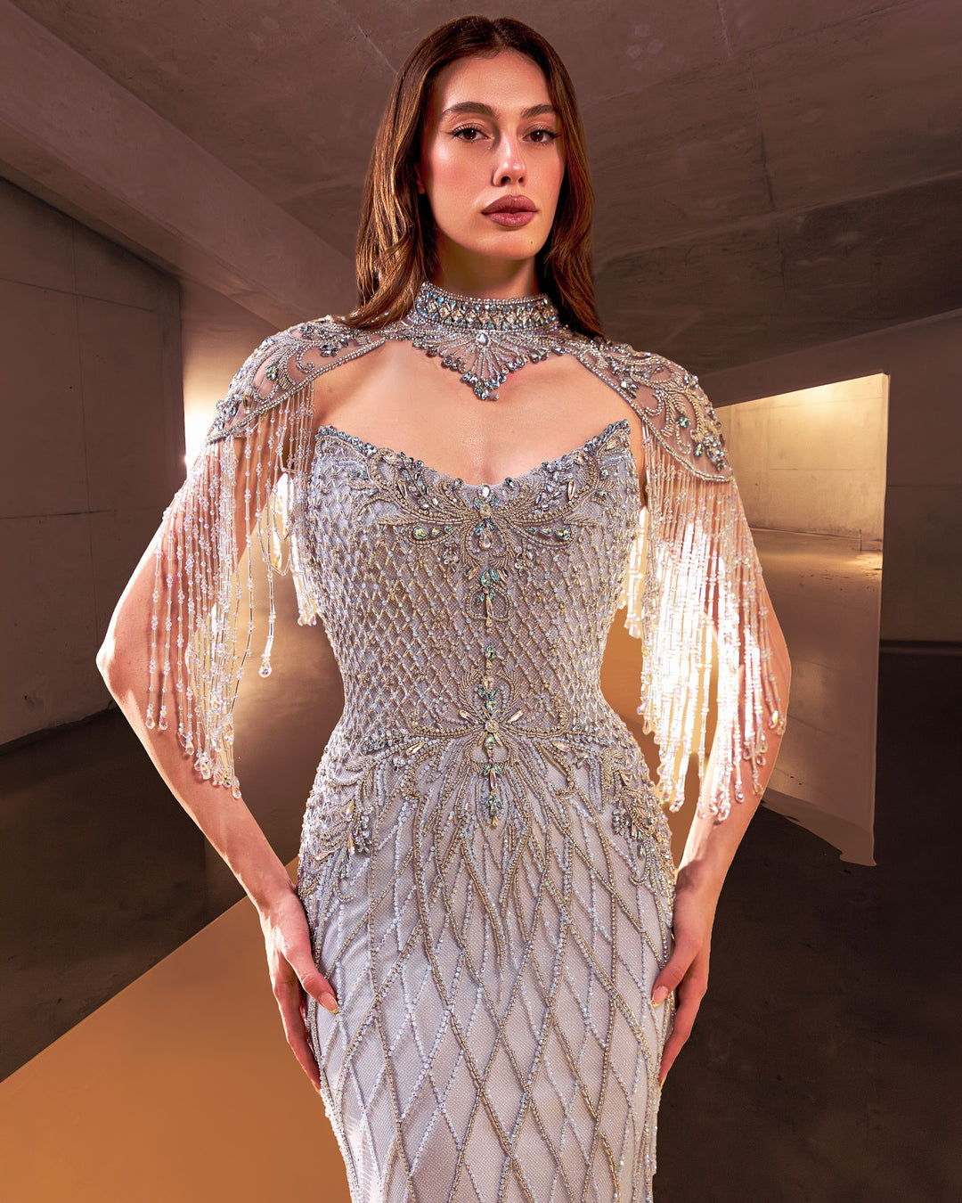 Delilah LD11692 High Neck Crystal Fringe Capelet Lattice Mermaid Gown - Blue close-up view