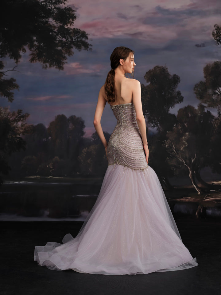 Delilah SH12065 Strapless Draped Crystal Chain Mermaid Gown with Tulle Skirt - Lavender back view