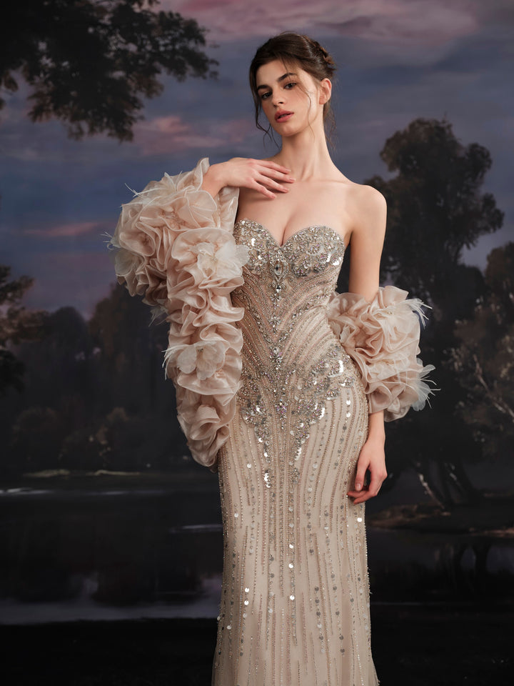 Delilah SH12061 Strapless Crystal Corset Mermaid Gown with Ruffled Feather Arm Wrap - Champagne close-up view