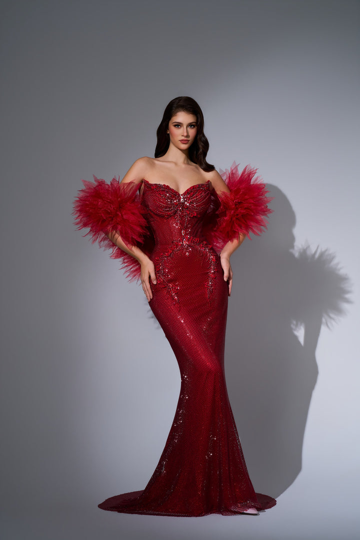 Delilah LD12101 Strapless Crystal Embroidered Mermaid Gown with Feather Arm Wrap - Red front view