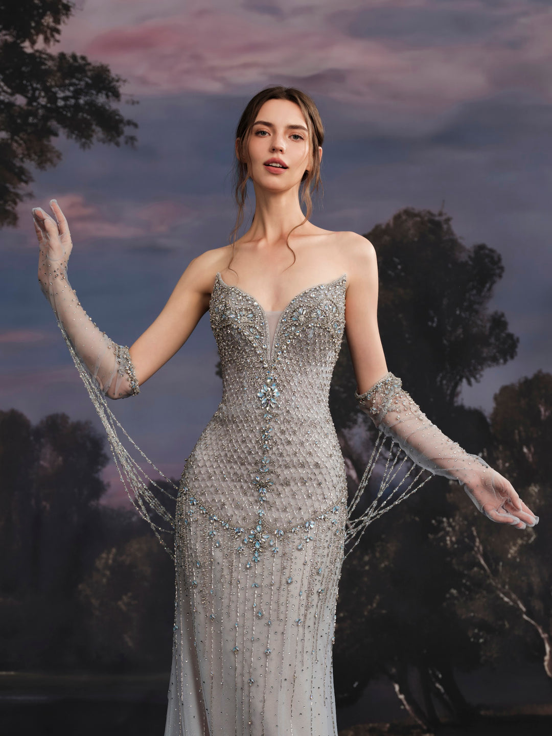 Delilah SH12075 Strapless Plunging Crystal Lattice Corset Mermaid Gown with Choker - Lilac close-up view
