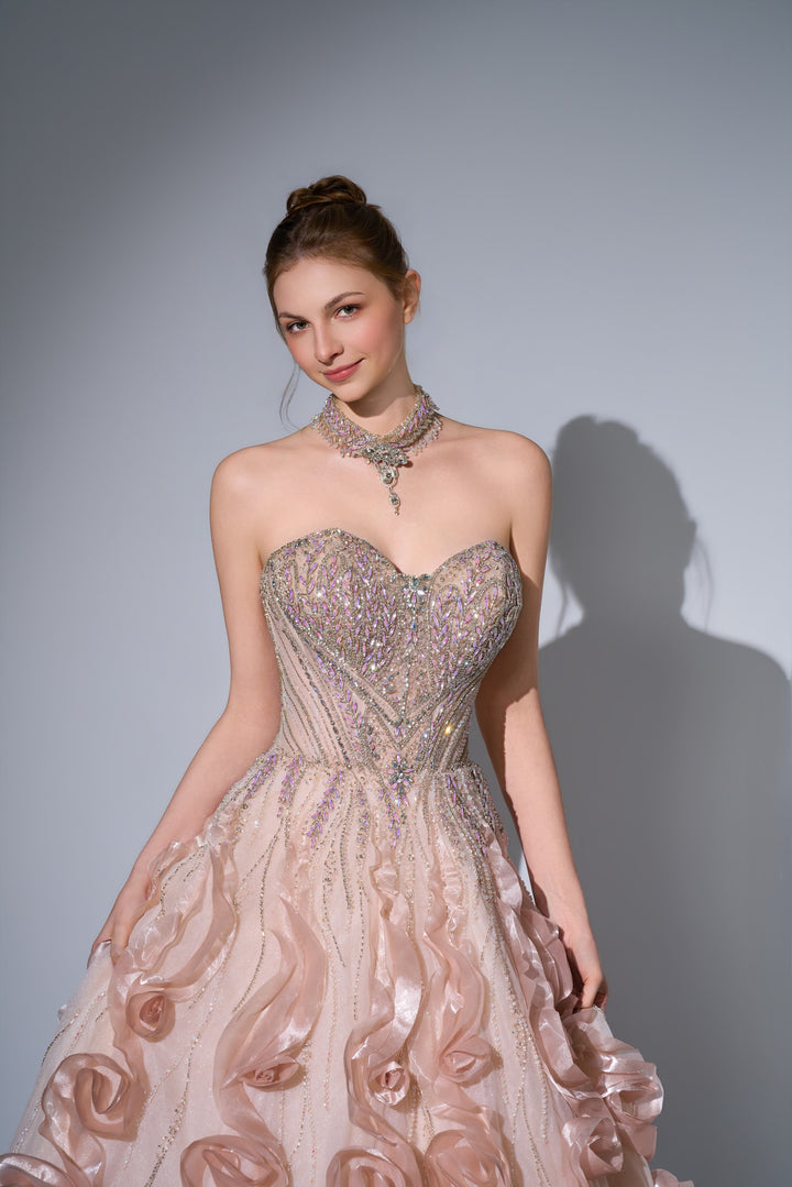Delilah SH12068 Maxi Strapless Crystal Corset Ball Gown with 3D Rosette Skirt - Champagne close-up view
