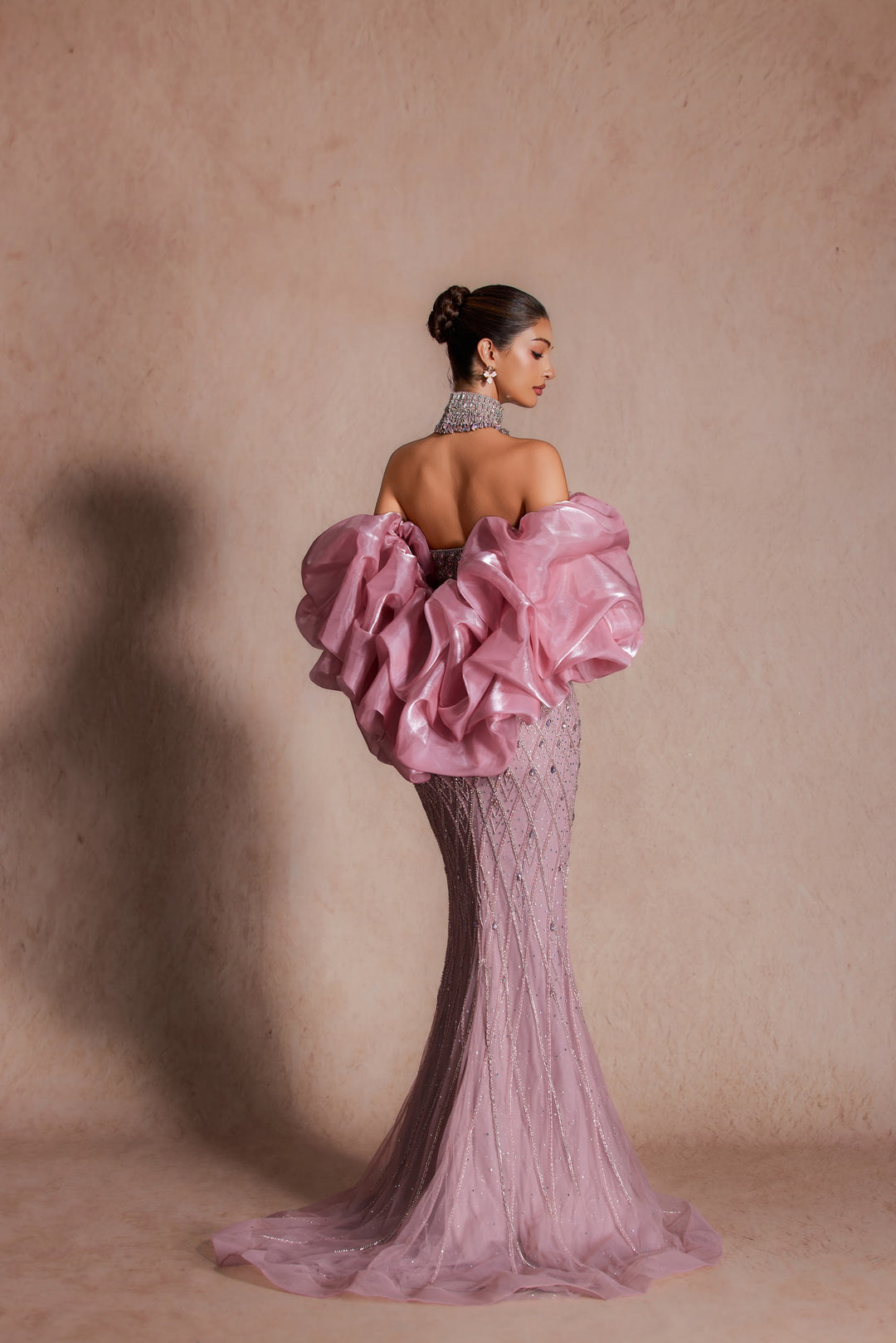Delilah LD11689 Strapless Plunging Crystal Lattice Mermaid Gown with Puff Sleeves - Pink back view