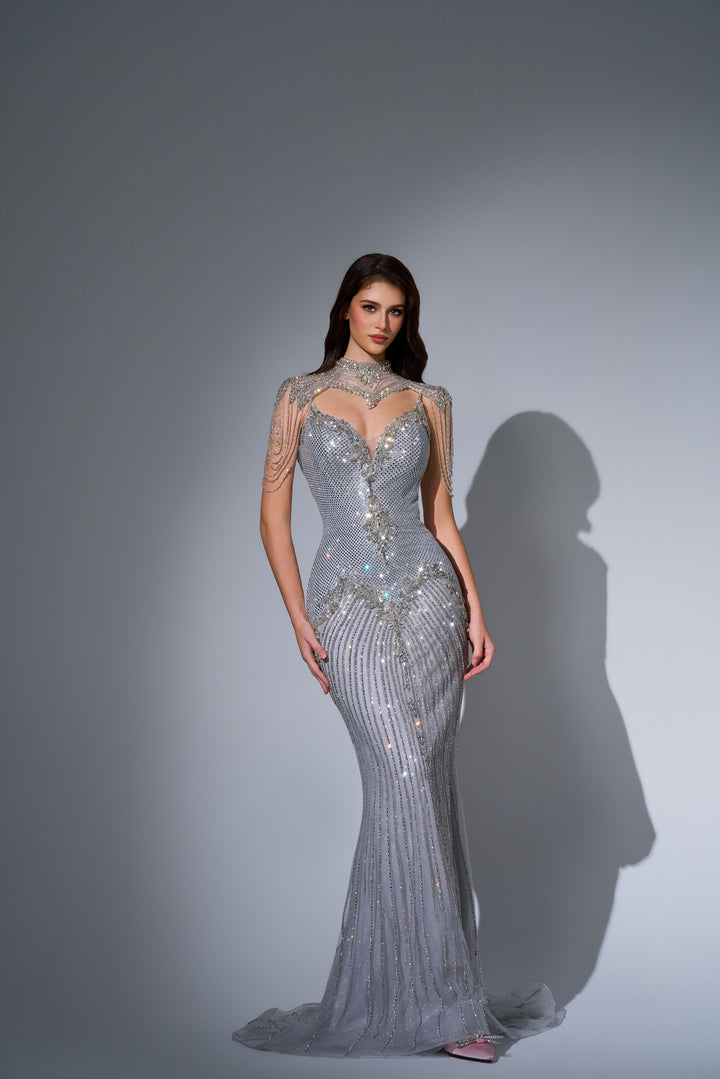 Delilah LD11681 High Neck Heart Keyhole Crystal Fringe Mermaid Gown - Silver front view