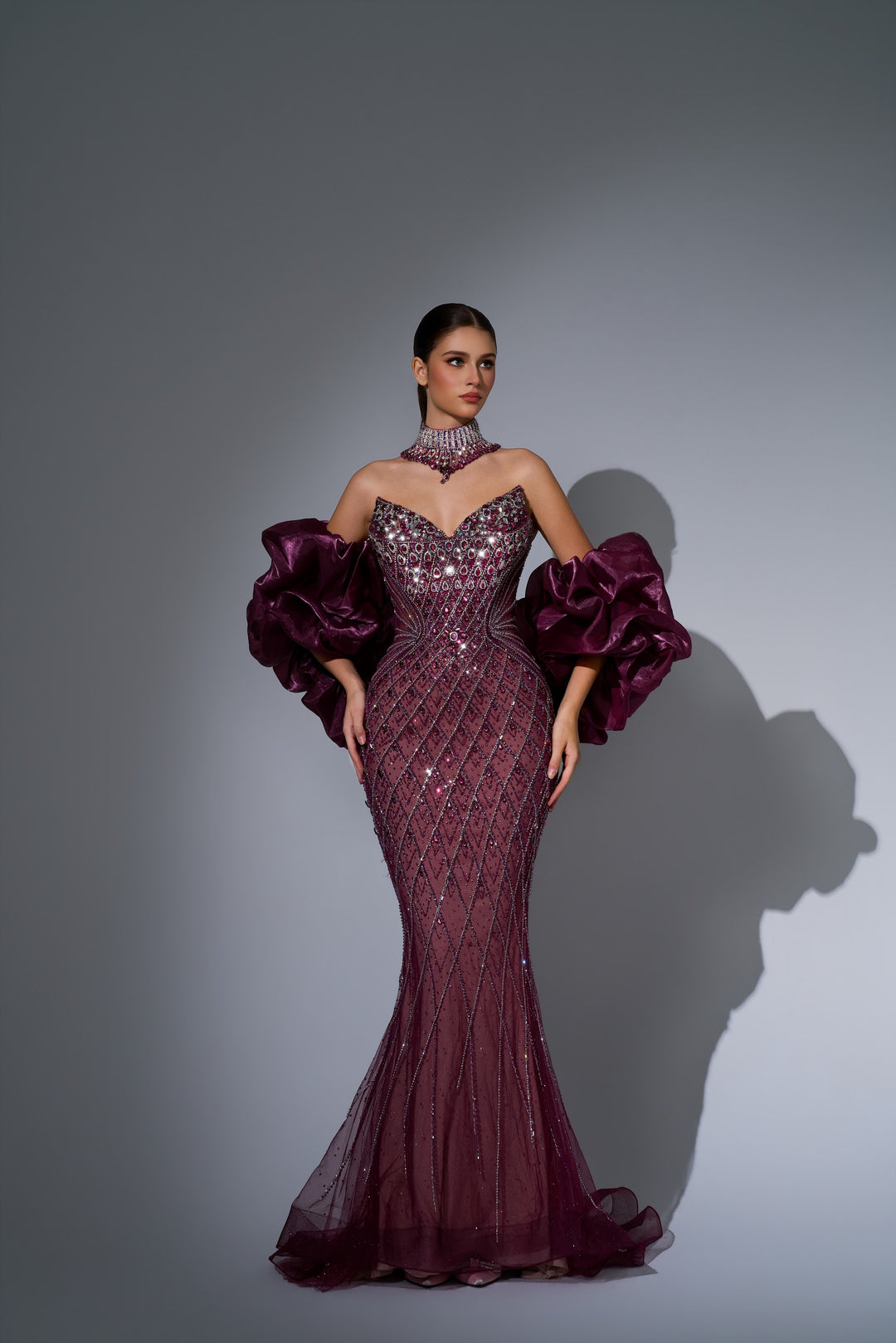 Delilah LD11689 Strapless Plunging Crystal Lattice Mermaid Gown with Puff Sleeves - Red front view