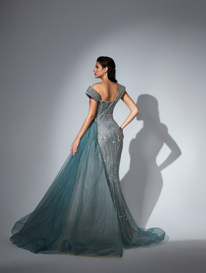 Delilah LD11463 Off-Shoulder Wrap Beaded Mermaid Gown with Asymmetric Tulle Overskirt - Green back view