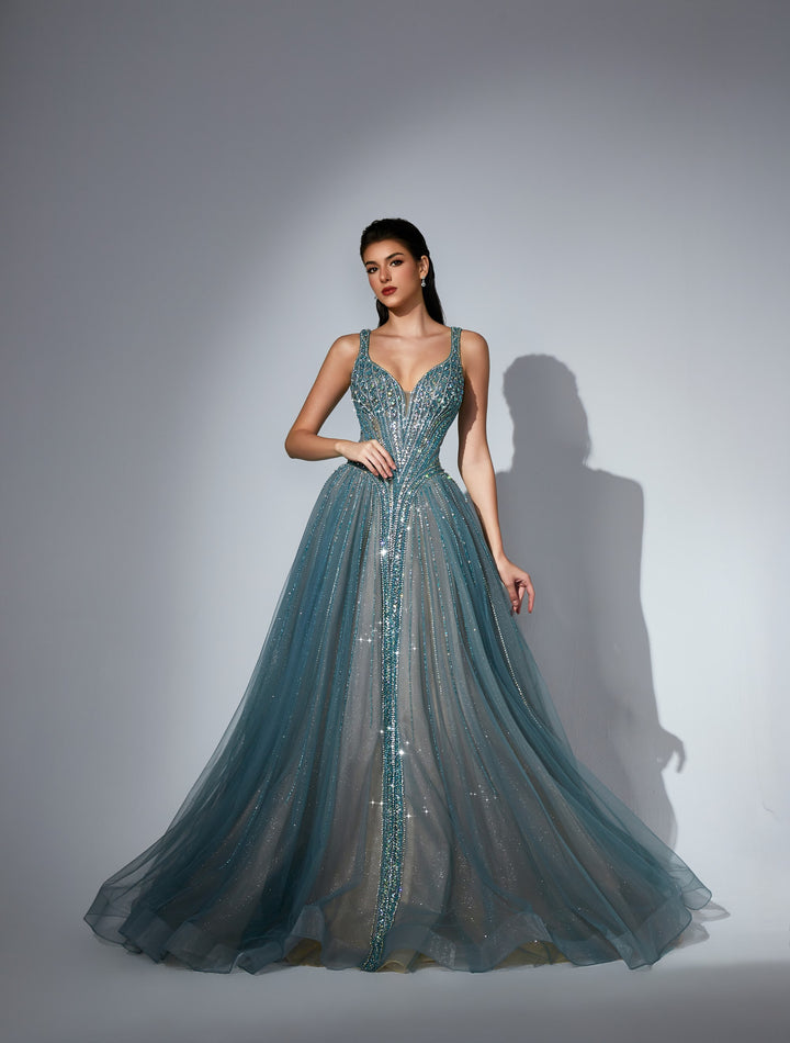 Delilah LD11533 Plunging V Crystal Corset Ball Gown with Tulle Skirt - Green front view