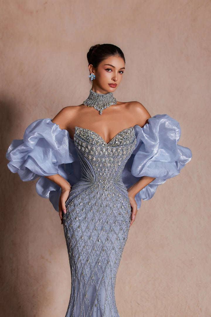 Delilah LD11689 Strapless Plunging Crystal Lattice Mermaid Gown with Puff Sleeves - Blue close-up view