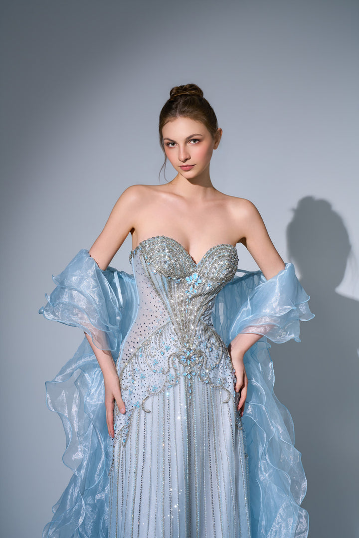 Delilah SH12070 Strapless Crystal Corset Column Gown with Ruffled Organza Stole - Blue close-up view