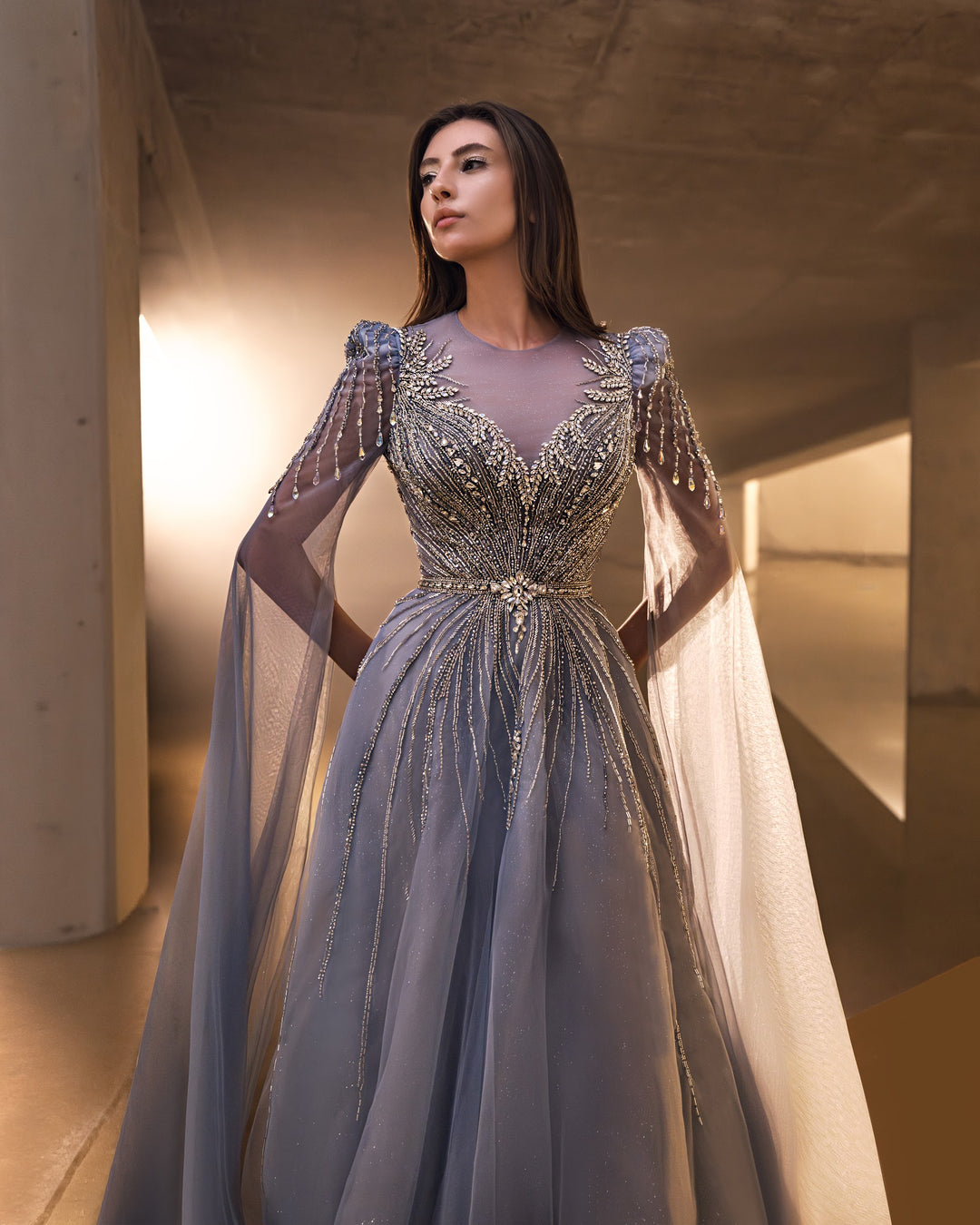 Delilah LD11670 Illusion Neck Long Sleeve Cape Beaded A-Line Gown - G.Blue close-up view
