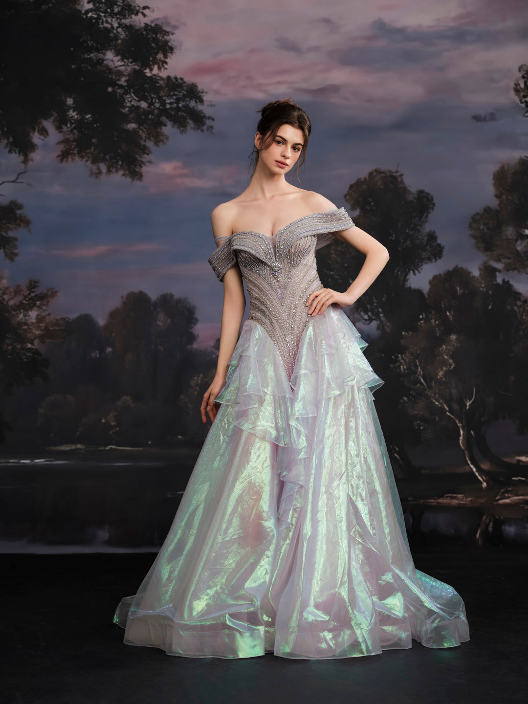 Delilah SH11630 Off-the-Shoulder Crystal Corset Gown with Iridescent Ruffle Skirt - Purple front view