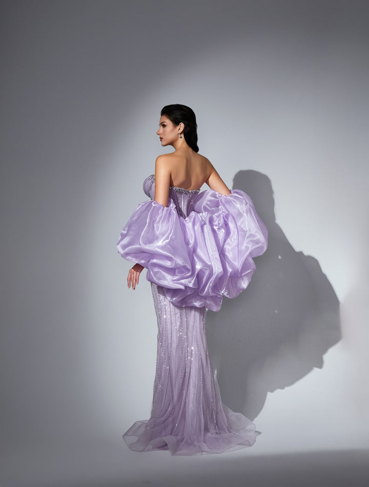 Delilah LD21161 Strapless Swirl Crystal Corset Mermaid Gown with Puff Sleeves and Slit - Lavender back view