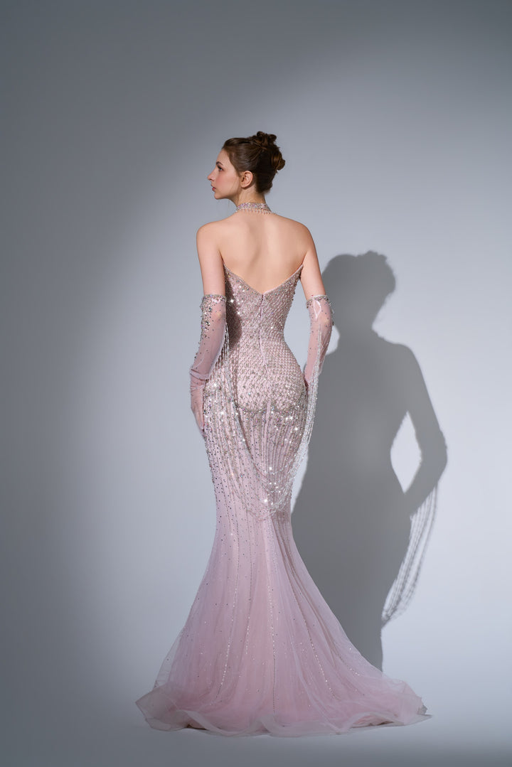 Delilah SH12075 Strapless Plunging Crystal Lattice Corset Mermaid Gown with Choker - Pink back view