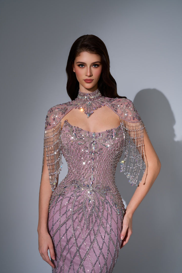 Delilah LD11692 High Neck Crystal Fringe Capelet Lattice Mermaid Gown - Pink close-up view