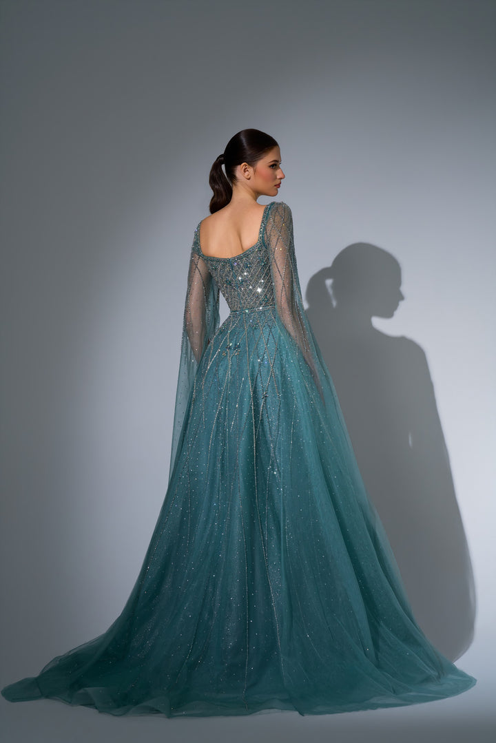 Delilah LD11676 Square Neck Cape Sleeve Beaded A-Line Gown - Green back view