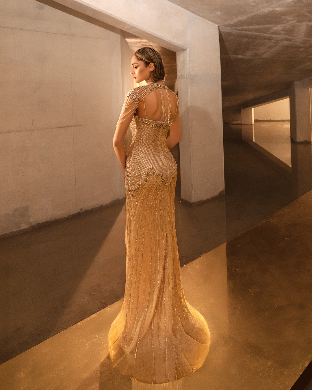 Delilah LD11681 High Neck Heart Keyhole Crystal Fringe Mermaid Gown - Gold back view