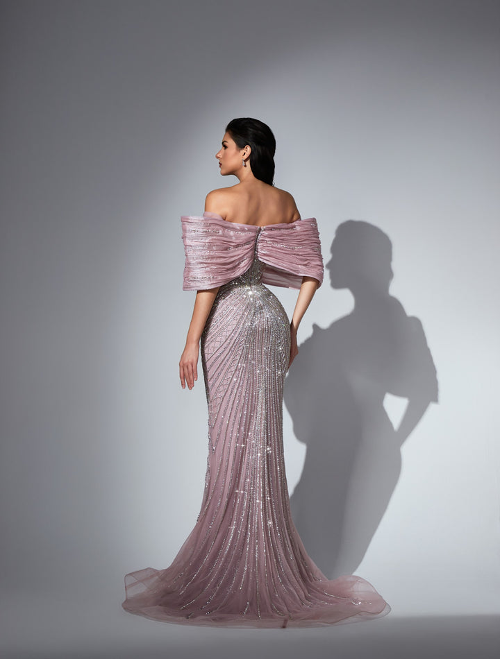 Delilah LD11576 Off-the-Shoulder Bow Collar Beaded Mermaid Gown - Pink back view