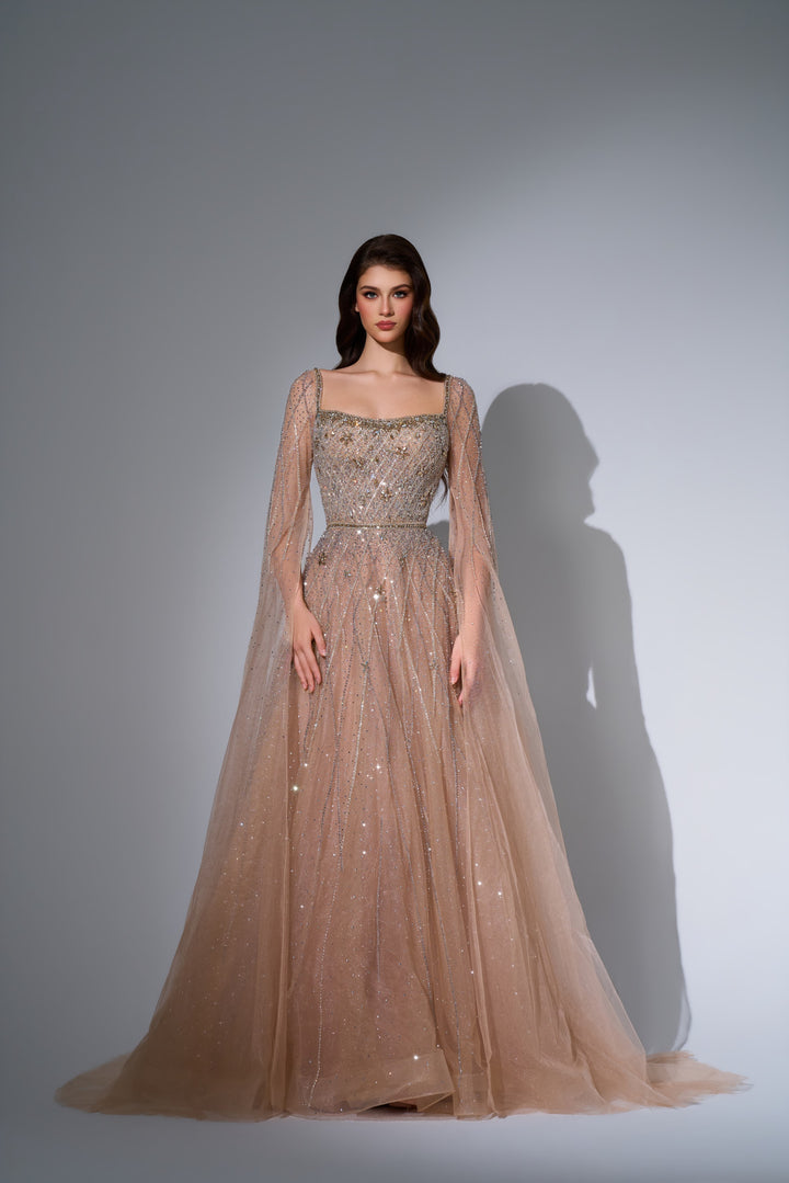 Delilah LD11676 Square Neck Cape Sleeve Beaded A-Line Gown - Champagne front view