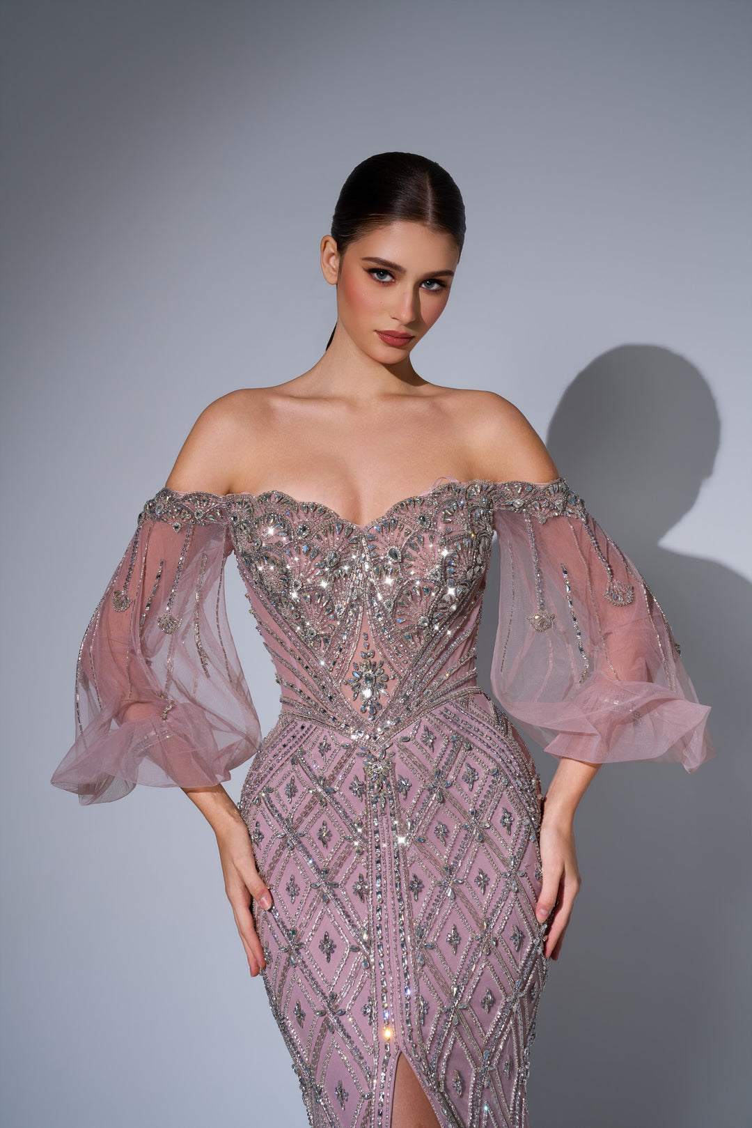 Delilah LD11622 Off-the-Shoulder Puff Sleeve Lattice Beaded Mermaid Gown with Tulle Overskirt - Pink close-up view