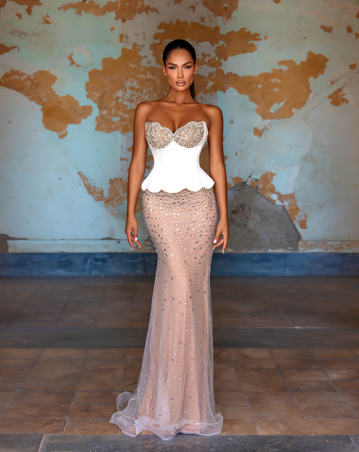 Delilah LD22033 Strapless Crystal Cup Peplum Corset Mermaid Gown with Sheer Crystal Skirt - White front view