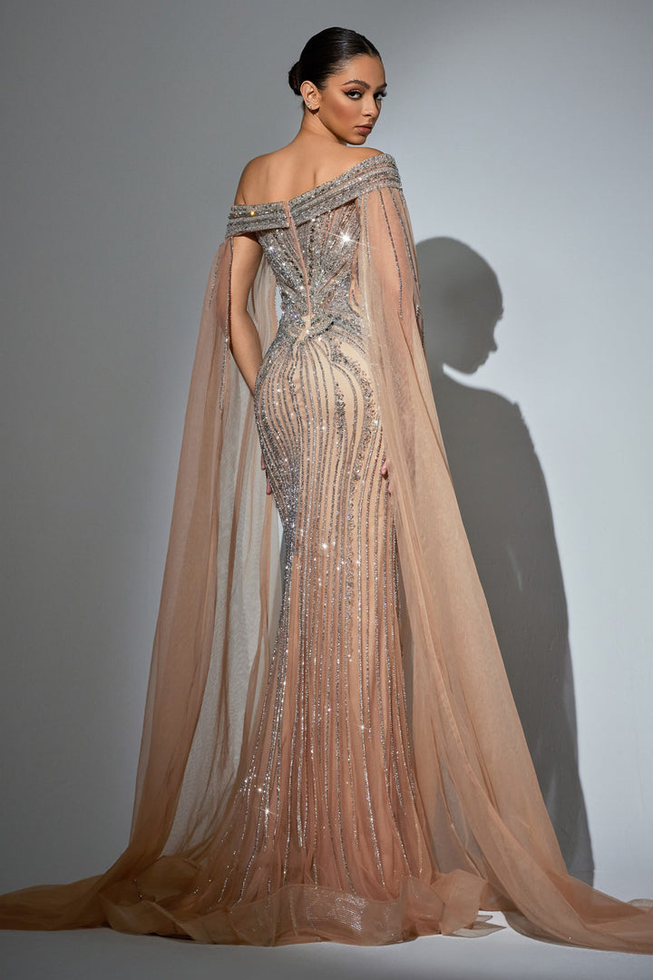 Delilah HM404 Off-the-Shoulder Beaded Corset Column Gown with Floor-Length Shoulder Capes - Champagne back view