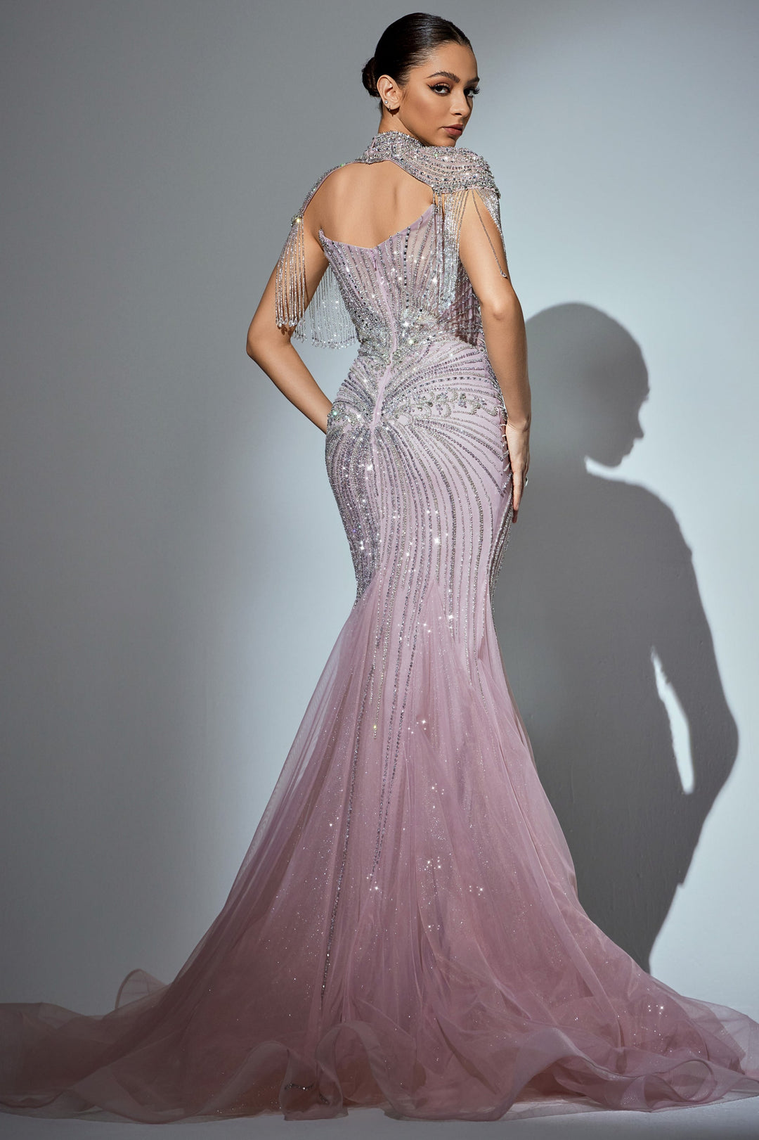 Delilah HM421 Beaded Mermaid Gown with Choker Collar, Crystal Fringe and Corset Bodice - Pink back view