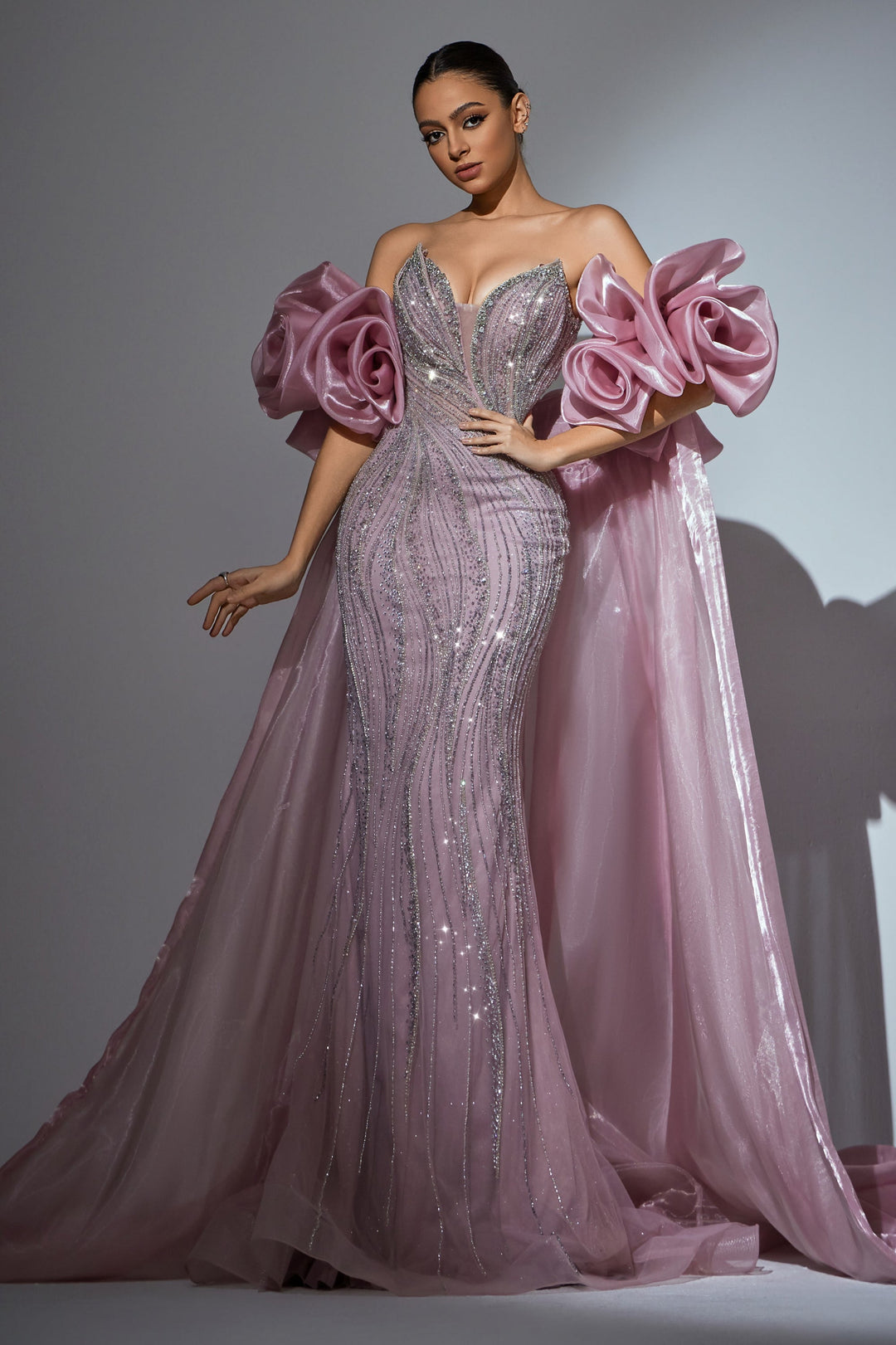 Delilah HM402 Strapless Plunging Sweetheart Beaded Mermaid Gown with Ruffled Overskirt - Pink front view