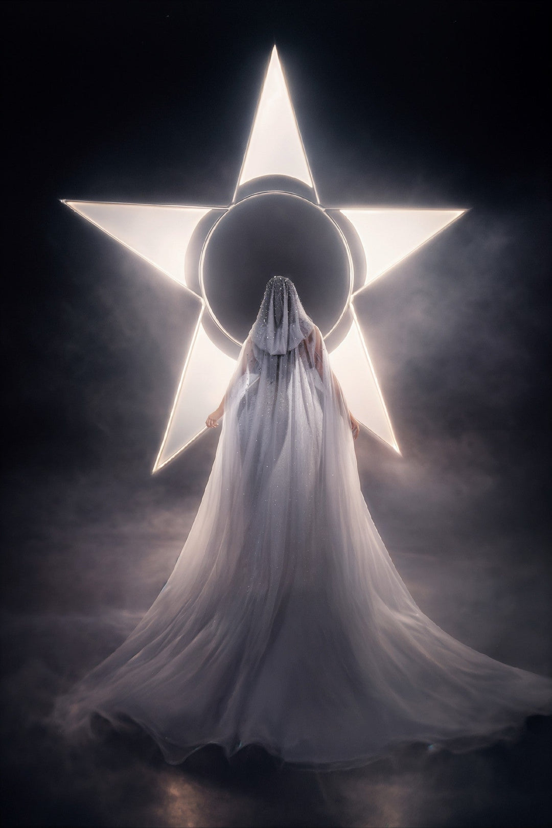 Delilah LD21191 Plunging Sequin Mermaid Gown with Crystal-Edged Hooded Cape - Grey back view