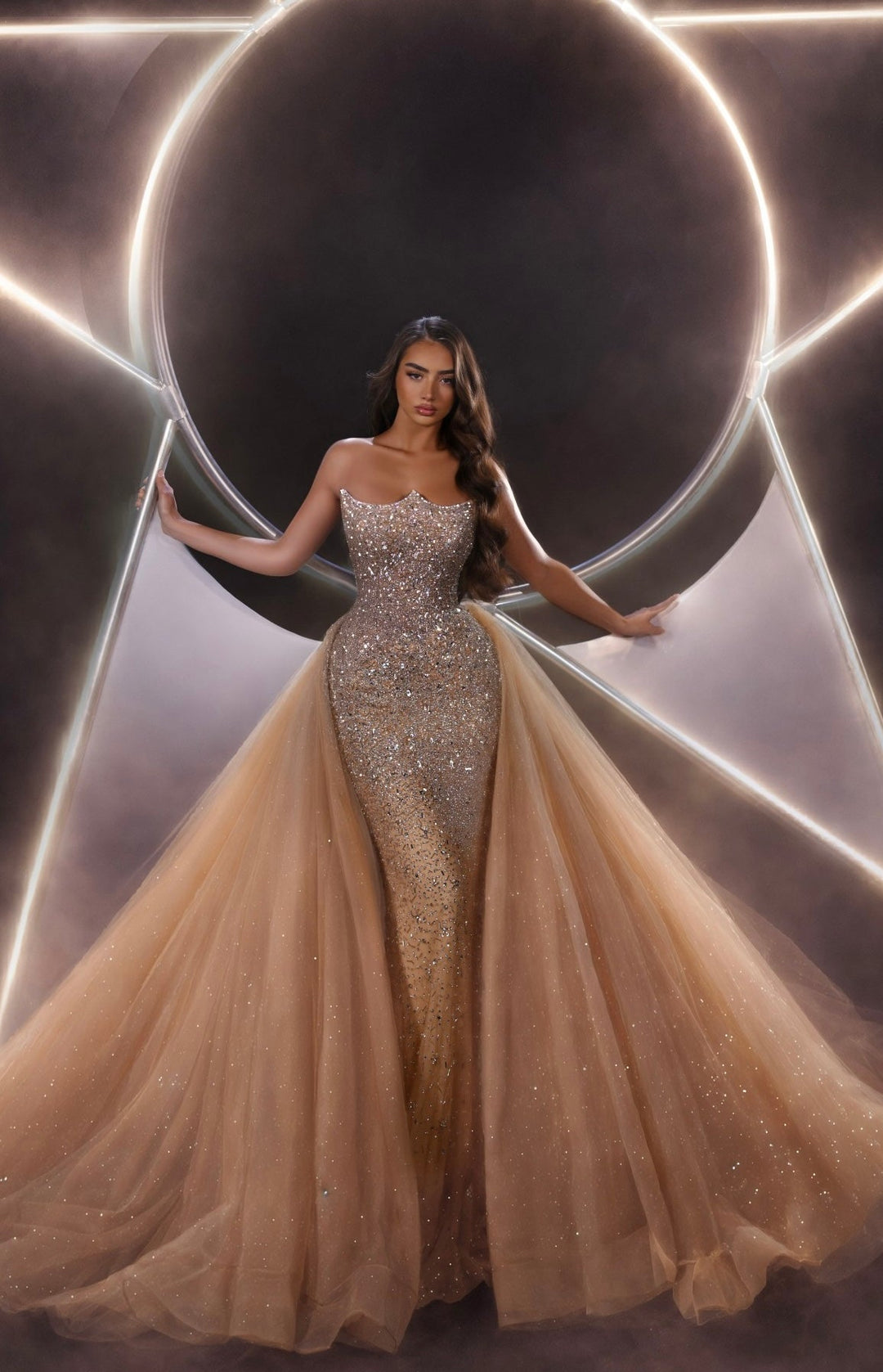 Delilah LD21176 Strapless Sequin Mermaid Gown with Glitter Full Overskirt - Champagne front view