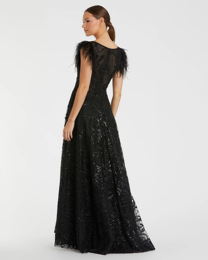 Mac Duggal 20296 Black Embellished Boat Neck A-Line Gown with Feather Sleeves