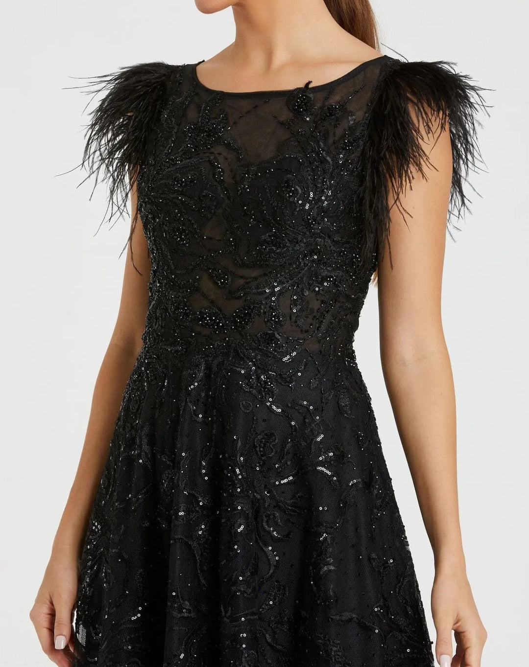 Mac Duggal 20296 Black Embellished Boat Neck A-Line Gown with Feather Sleeves