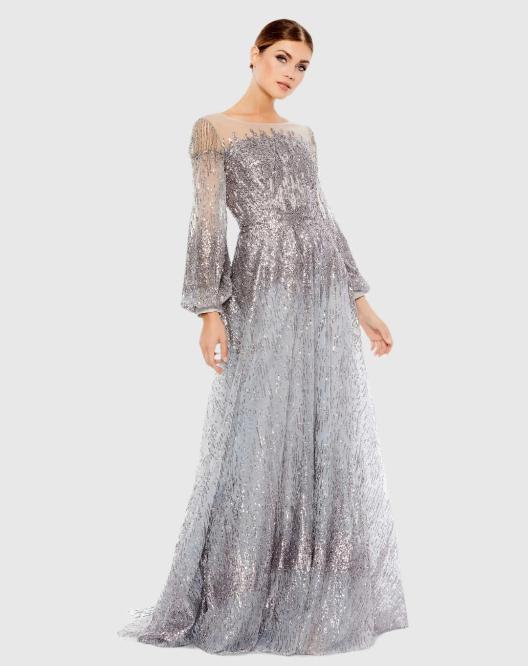 Mac Duggal 20307 Sequin Illusion Boat Neck Bishop Sleeve A-Line Gown
