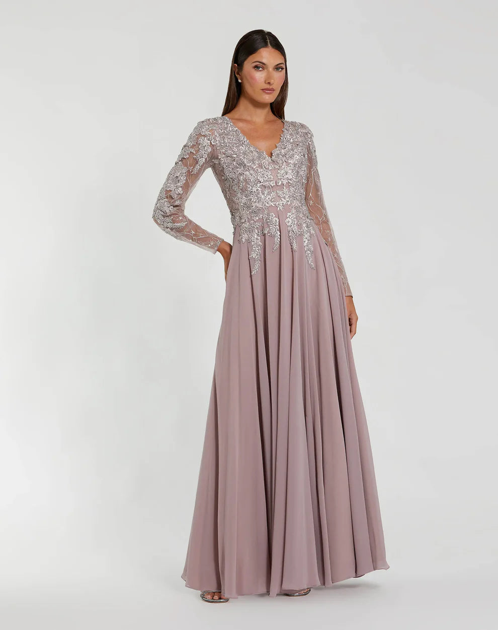 Mac Duggal 20388 Navy Embellished Illusion V Neck Long Sleeve Gown