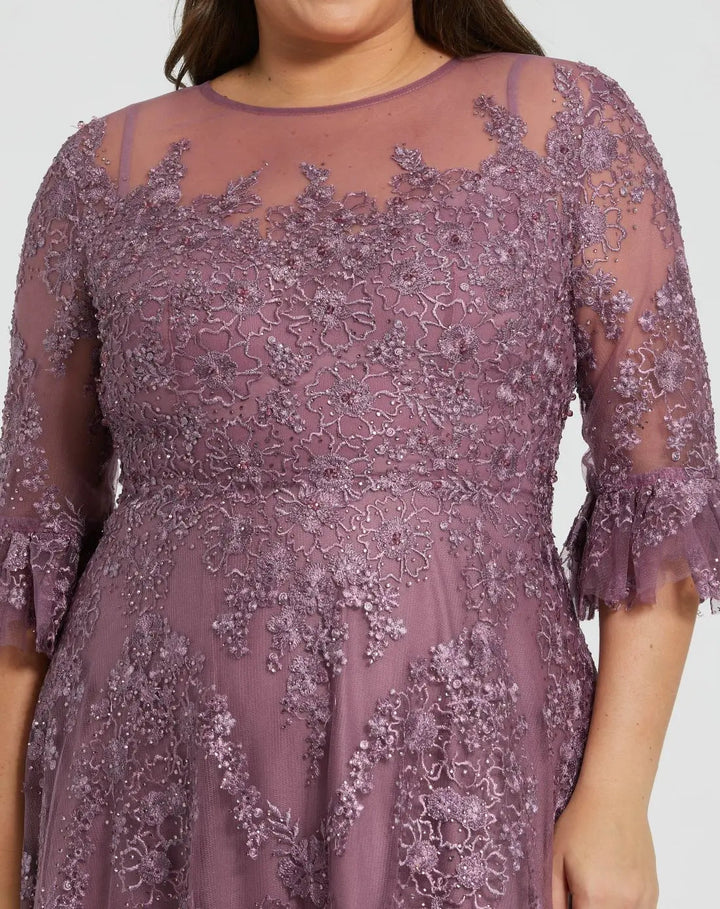 Mac Duggal 20471 High Neck Flutter Sleeve Embroidered A Line Gown