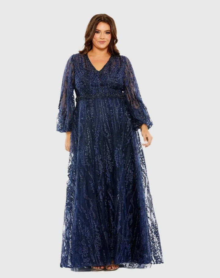 Mac Duggal 20472 V Neck Puff Sleeve Embroidered A Line Gown