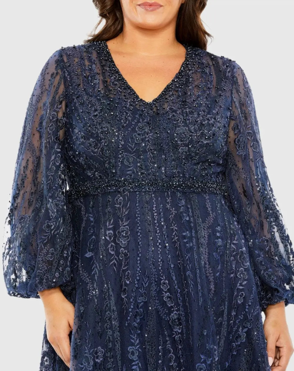 Mac Duggal 20472 V Neck Puff Sleeve Embroidered A Line Gown