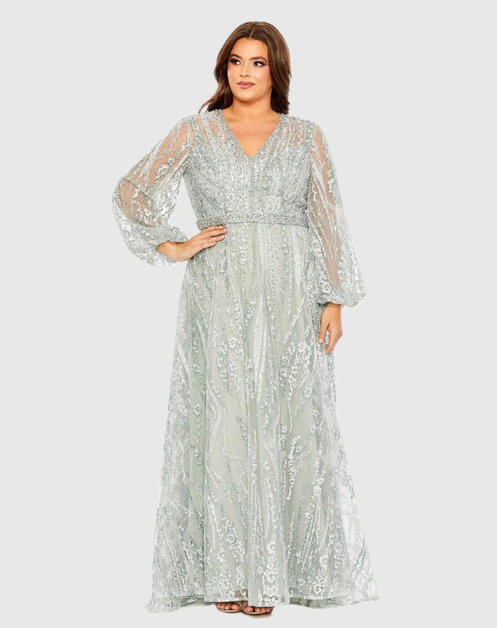 Mac Duggal 20472 V Neck Puff Sleeve Embroidered A Line Gown