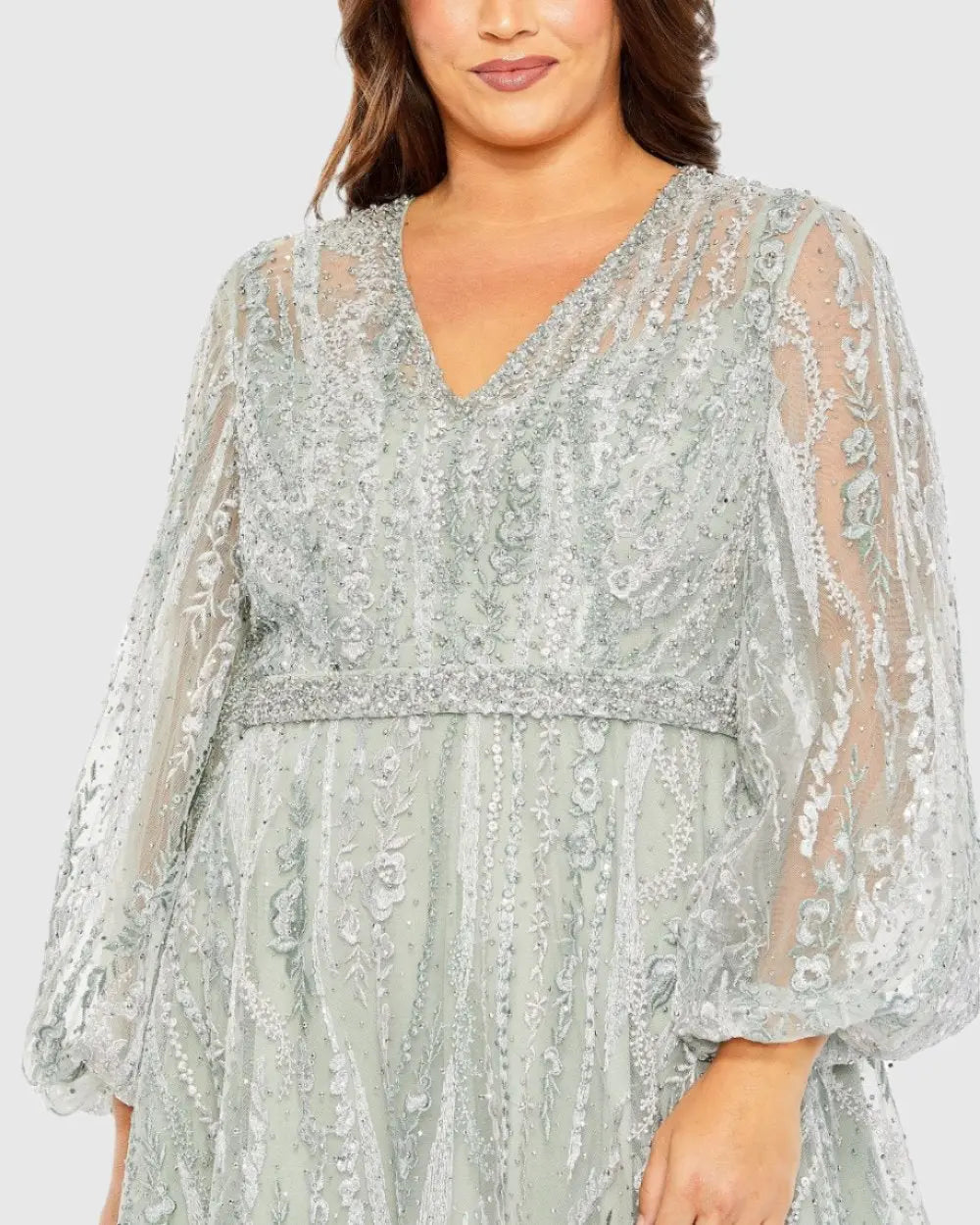 Mac Duggal 20472 V Neck Puff Sleeve Embroidered A Line Gown