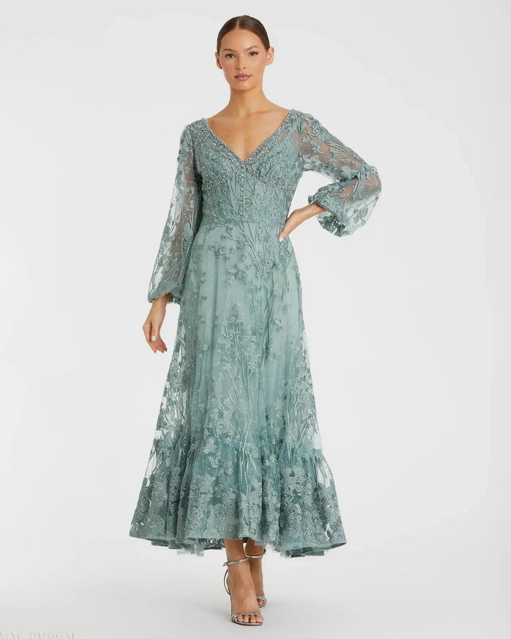 Mac Duggal 20512 V-Neck Embroidered A-line Tea Length Dress