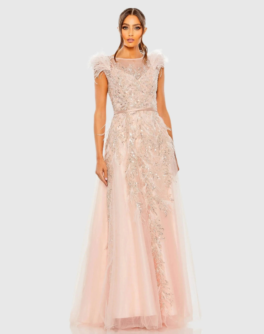 Mac Duggal 20520 High Neck Feather Detail Beaded Gown