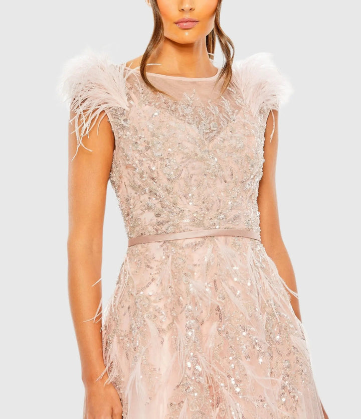 Mac Duggal 20520 High Neck Feather Detail Beaded Gown