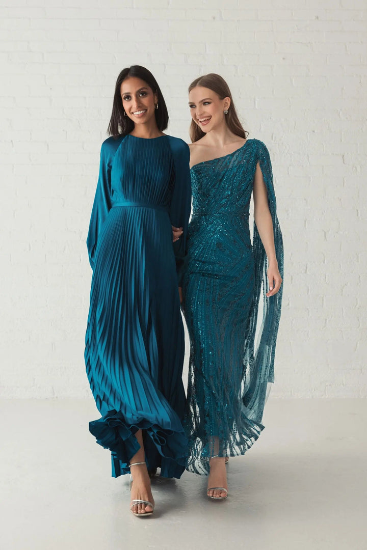 Mac Duggal 26590 Blue Pleated High Neck Long Sleeve Gown with Slit