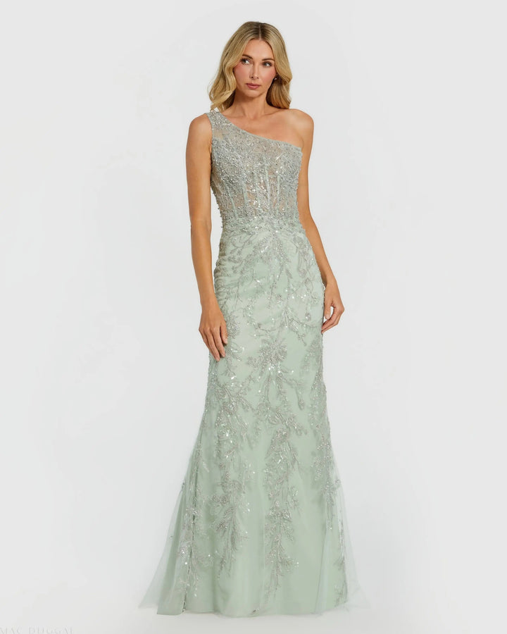 Mac Duggal BUST Green One Shoulder Hand Embellished Evening Gown