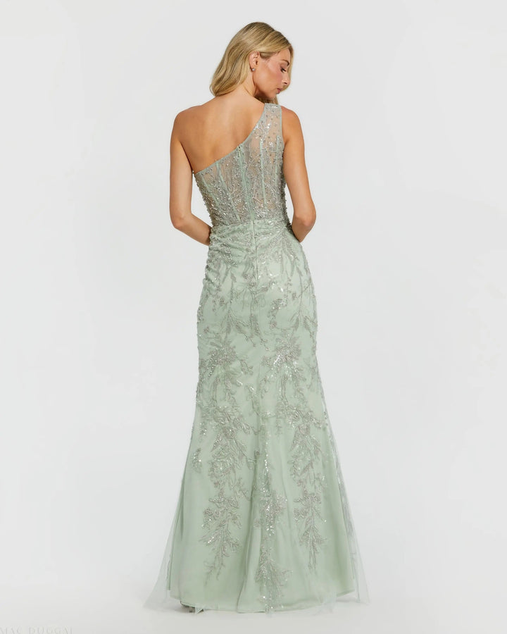 Mac Duggal BUST Green One Shoulder Hand Embellished Evening Gown