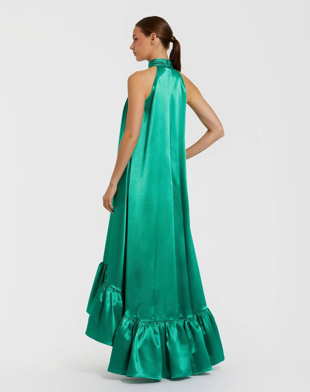 Green Sleeveless Halter Neck Keyhole Satin High Low Gown - FOSTANI.com